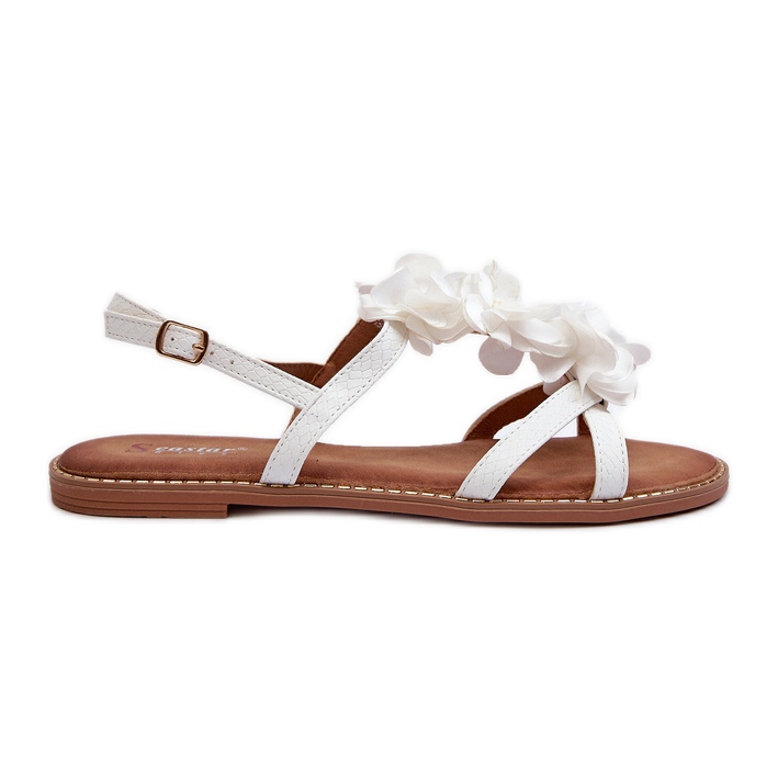 Virágokkal díszített női lapos szandál, fehér Abidina