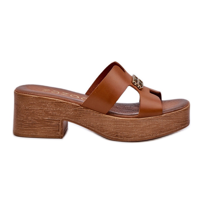 Zazoo 40412 bőr elegáns női papucs arany díszítéssel, barna