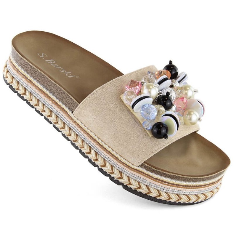S.Barski W OLI260 bézs platformú papucs gyöngyökkel