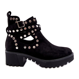 Ideal Shoes Velúr női bokacsizma dekoratív szegecsekkel, fekete