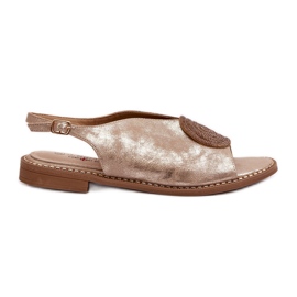 Díszített, lapos sarkú női szandál, S.Barski KV24-057 arany aranysárga