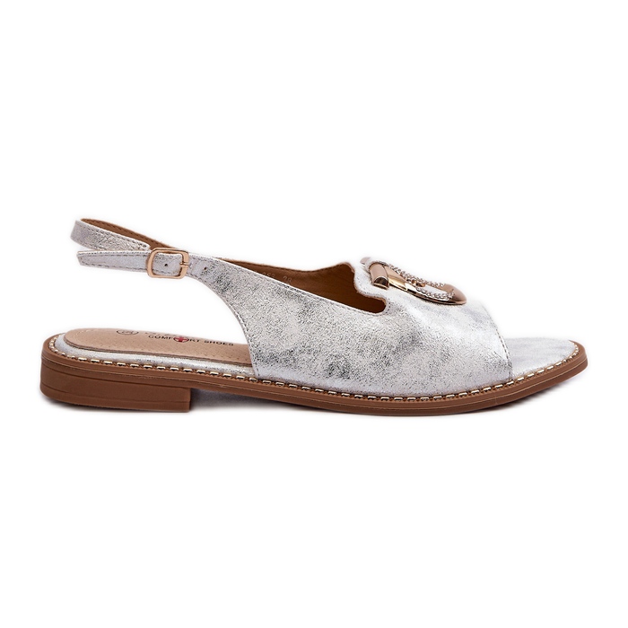 Elegáns női szandál arany díszítéssel lapos sarkú, ezüst S.Barski KV27-053