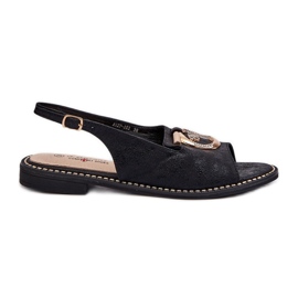 Elegáns női szandál arany díszítéssel lapos sarkú cipőben, fekete S.Barski KV27-053 Elegáns női szandál arany díszítéssel lapos sarkú cipőben, fekete S.Barski KV27-053