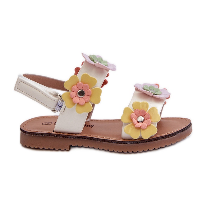 Többszínű virágokkal díszített gyermekszandál fehér