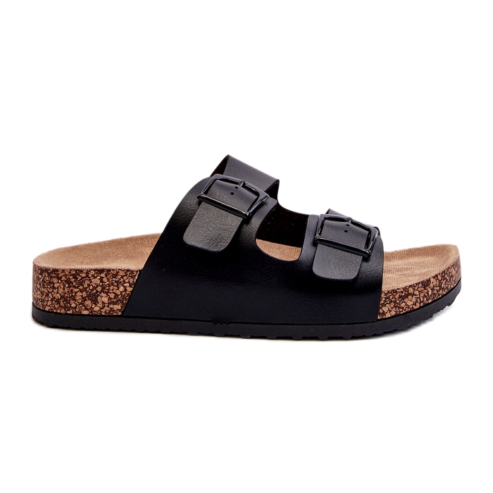 Evento Női papucsok parafa emelvényen csatokkal, fekete Klinesta