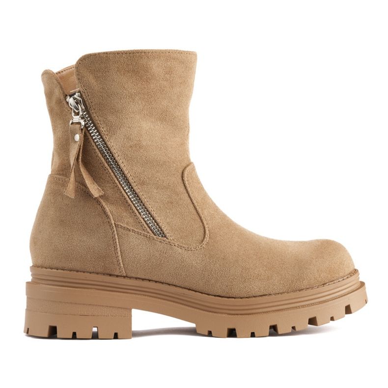 Sötétbézs színű női bokacsizma dekoratív cipzárral Sötétbézs színű női bokacsizma dekoratív cipzárral