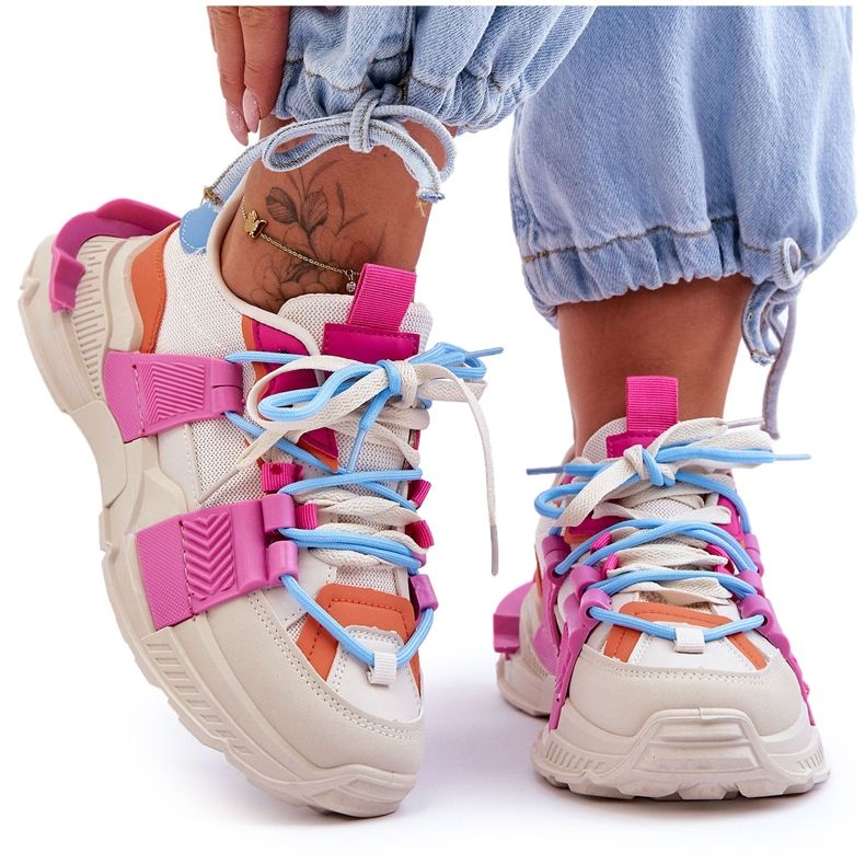 Seastar Divatos, fűzős női sportcipő, bézs és rózsaszín