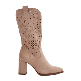 Női áttört csizma magas sarkon hegyes orrokkal, Eco Suede bézs Nevithra