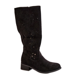 Áttört női csizma alacsony sarkú Eco velúr cipzárral rögzítve, fekete orchideák