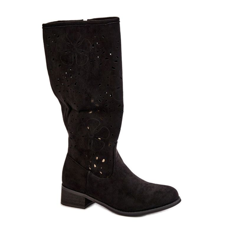 Áttört női csizma alacsony sarkú Eco velúr cipzárral rögzítve, fekete orchideák Áttört női csizma alacsony sarkú Eco velúr cipzárral rögzítve, fekete orchideák