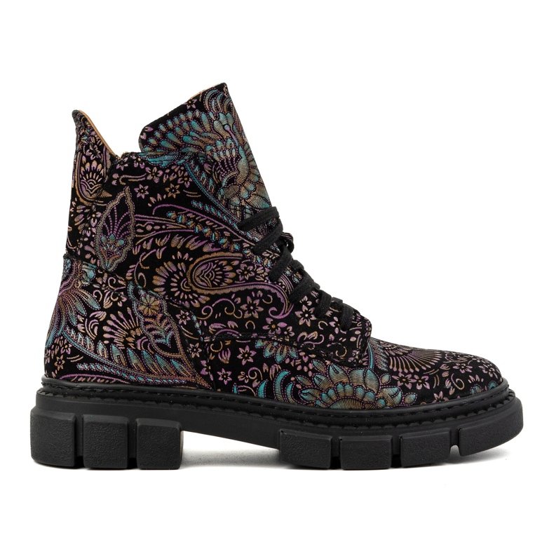 Olivier Női magas fűzős bőr bokacsizma 1227 print, fekete sokszínű