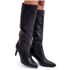 Térd feletti bőr magassarkú csizma, fekete kígyó