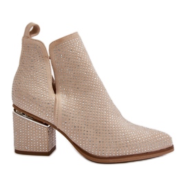 Díszített női magassarkú csizma hegyes orrral, bézs Fararia
