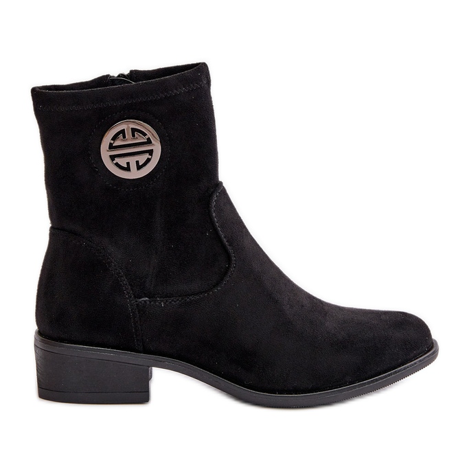 Női bokacsizma cipzárral, dekoratív részlettel, Eco Suede, fekete Lerioria