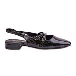 Lakkbőr balettlapok alacsony sarkú pántokkal, fekete Bialettia