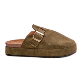 Női platform klumpás papucs arany csattal, sötétzöld Terilaina