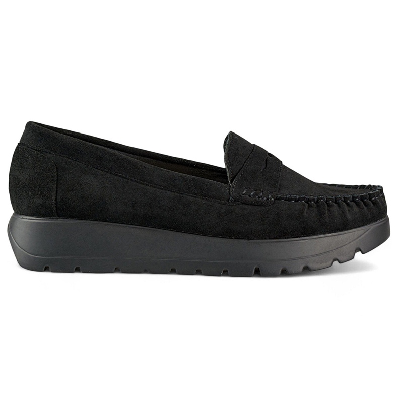 Kényelmes fekete női mokaszin vastag talppal és bőr talpbetéttel