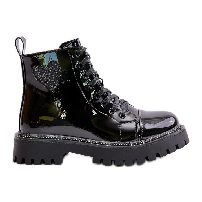 Lakkbőr női bokacsizma cipzárral, dekoratív szívvel, fekete Obeena