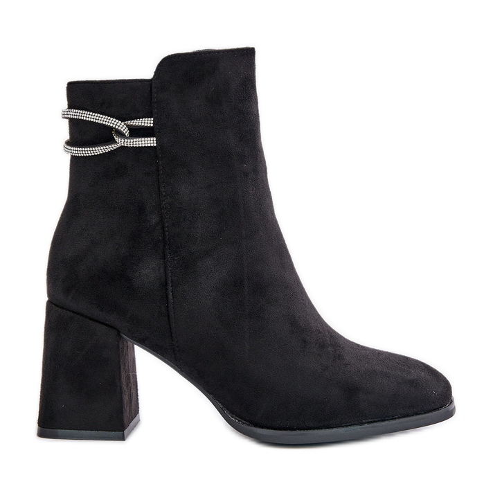 Hőszigetelt női bokacsizma magas sarkon, Eco Suede, fekete Saivia