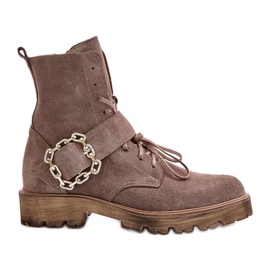 Zazoo 2951 velúr bokacsizma dekoratív csattal, sötét bézs