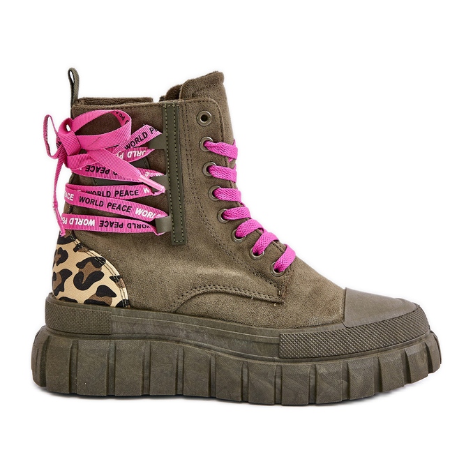 Női csizma az emelvényen, dekoratív fűzéssel, leopárdzöld Edidda