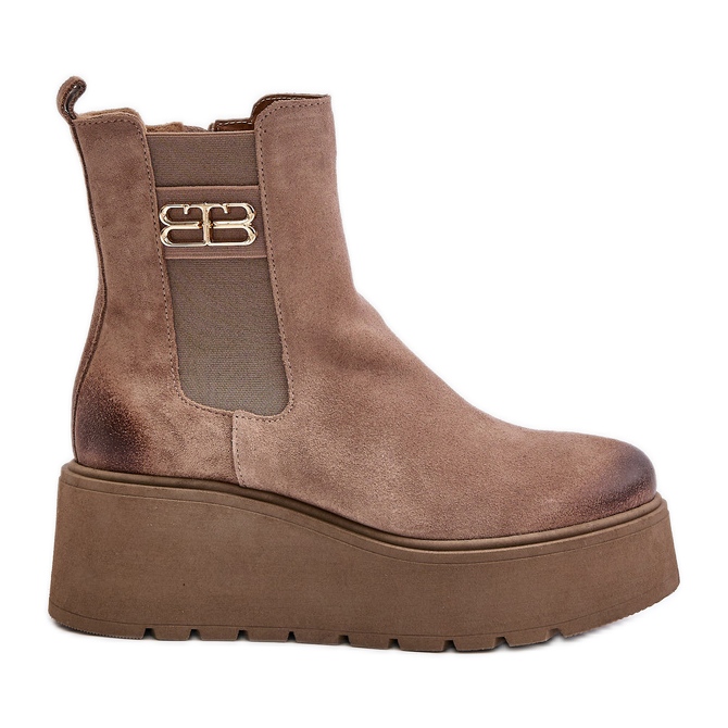 Zazoo 60498 női velúr bokacsizma Chelsea csizma emelvényen és ékekkel bézs