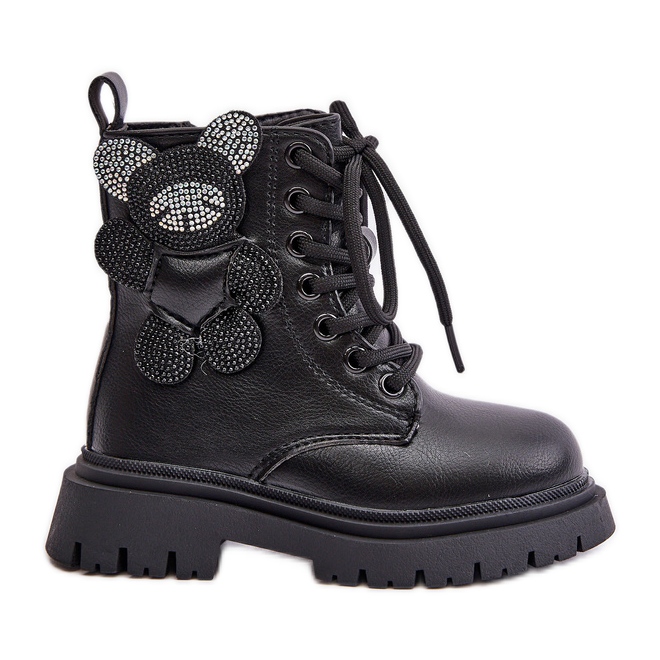 Szigetelt lány bokacsizma macival és cipzárral, Black Relobia fekete