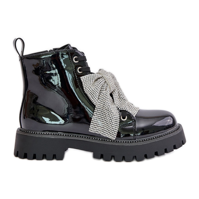 Női lakkbőr bokacsizma masnival, Black Ocenttia fekete