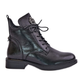 Szigetelt lapos sarkú bokacsizma díszítéssel, Black Leonise fekete