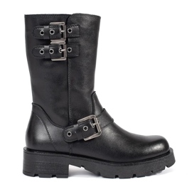 Női fekete bőr bokacsizma a platformon Sergio Leone csíkokkal díszítve Női fekete bőr bokacsizma a platformon Sergio Leone csíkokkal díszítve