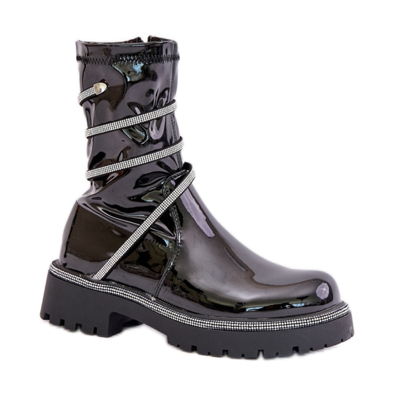 Fekete lakkozott női bokacsizma