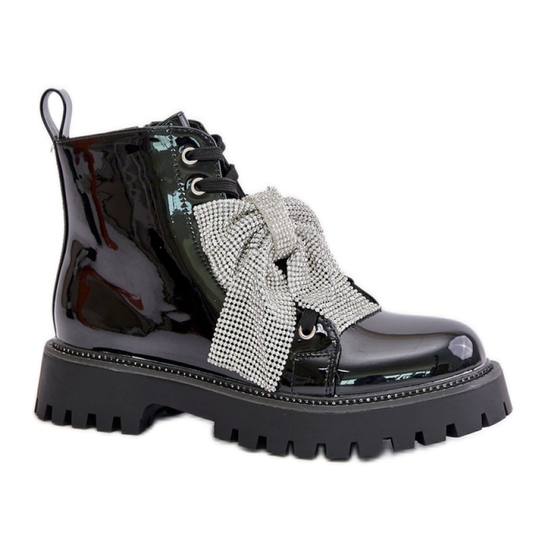 Lakkozott női bokacsizma fekete masnival