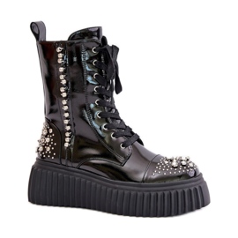 S.Barski Lakkbőr platformcsizma fekete díszítéssel