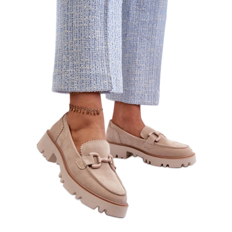 Női velúr mokaszinok bézs díszítéssel