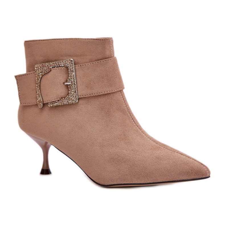 Női magas sarkú bokacsizma díszes bézs csattal