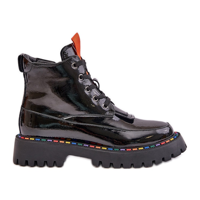 Fekete Anafra bőr Patent Worker bokacsizma cipzárral