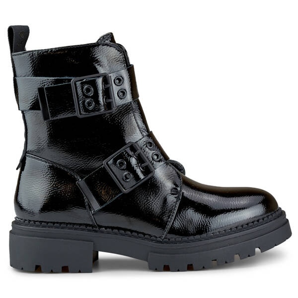 Női lakkbőr bokacsizma csatokkal, fekete 250007B-LA