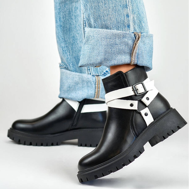 Hőszigetelt női munkáscsizma pántokkal, fekete 250043BW-PU fehér Hőszigetelt női munkáscsizma pántokkal, fekete 250043BW-PU fehér