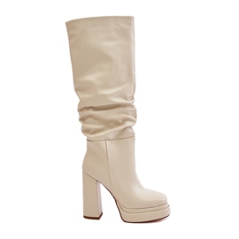 Felbújós csizma magas sarkon és emelvényen dörzsölt, szigetelt világos bézs Beridrával