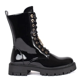 Seastar Fekete lakk fűzős munkás bokacsizma az emelvényen tűkkel