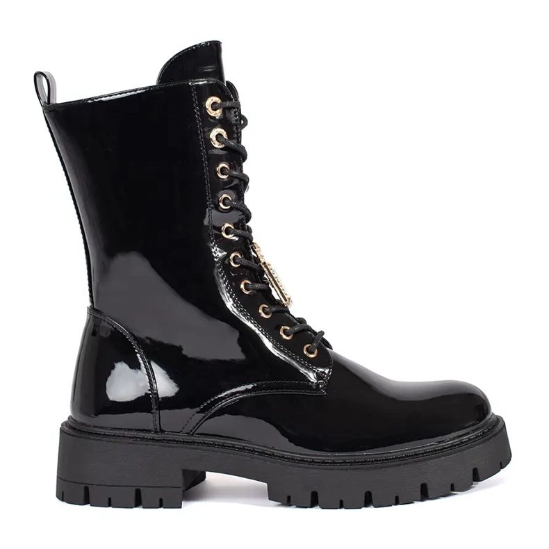 Seastar Fekete lakk fűzős munkás bokacsizma az emelvényen tűkkel