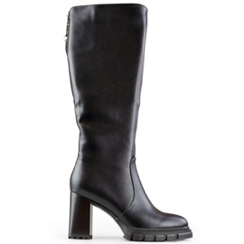 Fekete térdig érő magas sarkú csizma, szigetelt női csizma sarokkal, eko bőr Fekete térdig érő magas sarkú csizma, szigetelt női csizma sarokkal, eko bőr