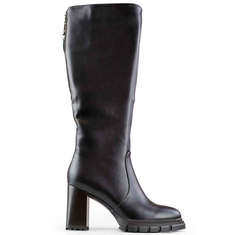 Fekete térdig érő magas sarkú csizma, szigetelt női csizma sarokkal, eko bőr