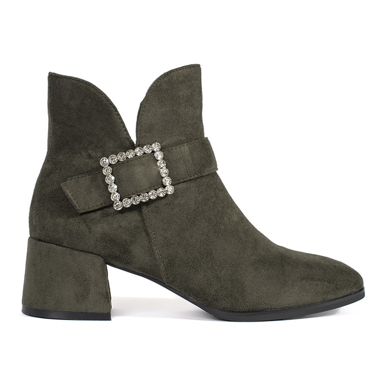 Sötétzöld velúr női bokacsizma ezüst csattal