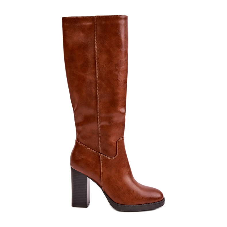 Női csizma az öko-bőr oszlopon a térd teve előtt barna