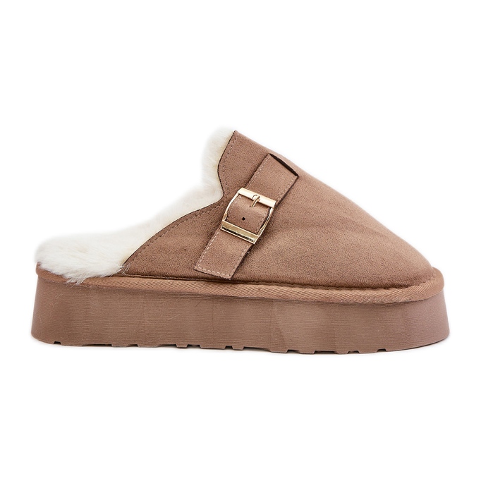 Női papucs vastag talpon bundával és csattal, sötétbézs Linneola