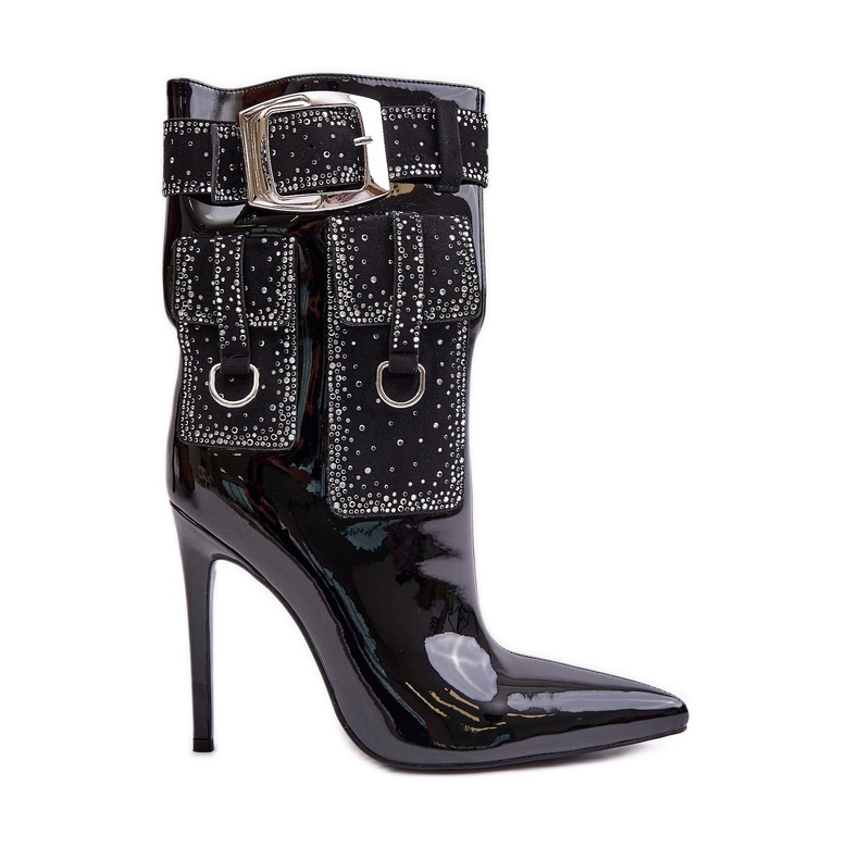 Eco lakkbőrből készült díszített bokacsizma fekete magassarkúval