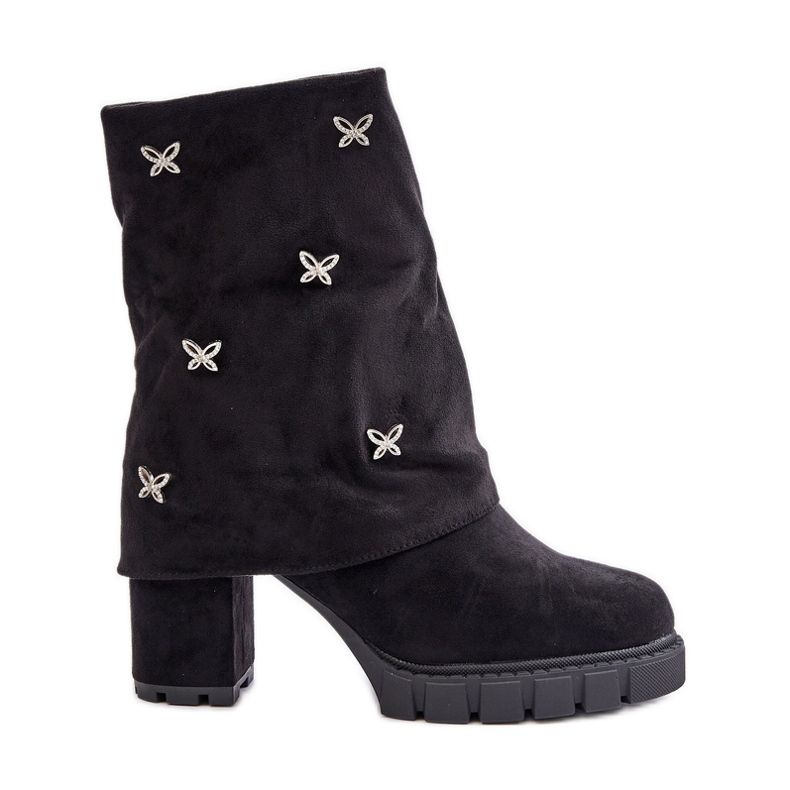 Díszített bokacsizma, magassarkú felfelé húzott felsőrésszel, Black Esadora fekete