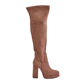 Magas sarkú és platós csizma térd feletti felsőrésszel, Eco Suede sötétbézs Zistaria