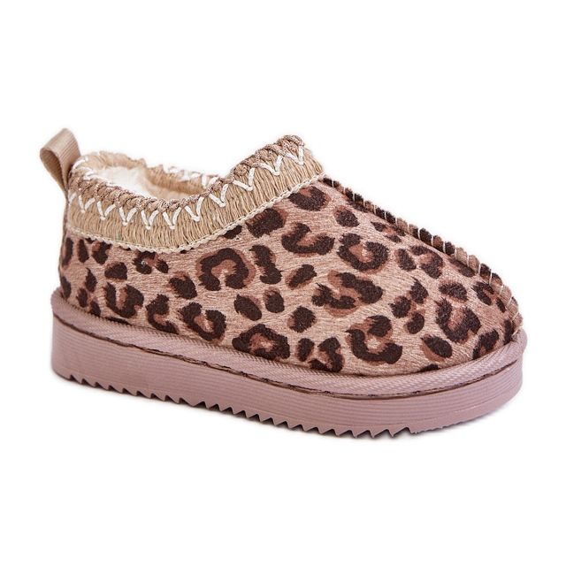 Gyermek hócsizma leopárd mintával az emelvényen, meleg bundával, barna Vilabria bézs